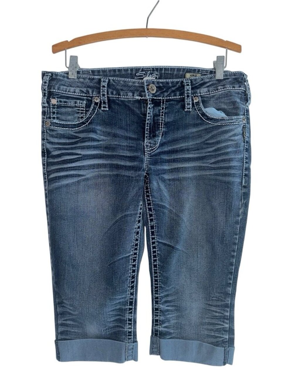 Silver Womens Aiko DIY Capri Jeans Sz 34 Whiskered Low Rise Embroidered Pockets